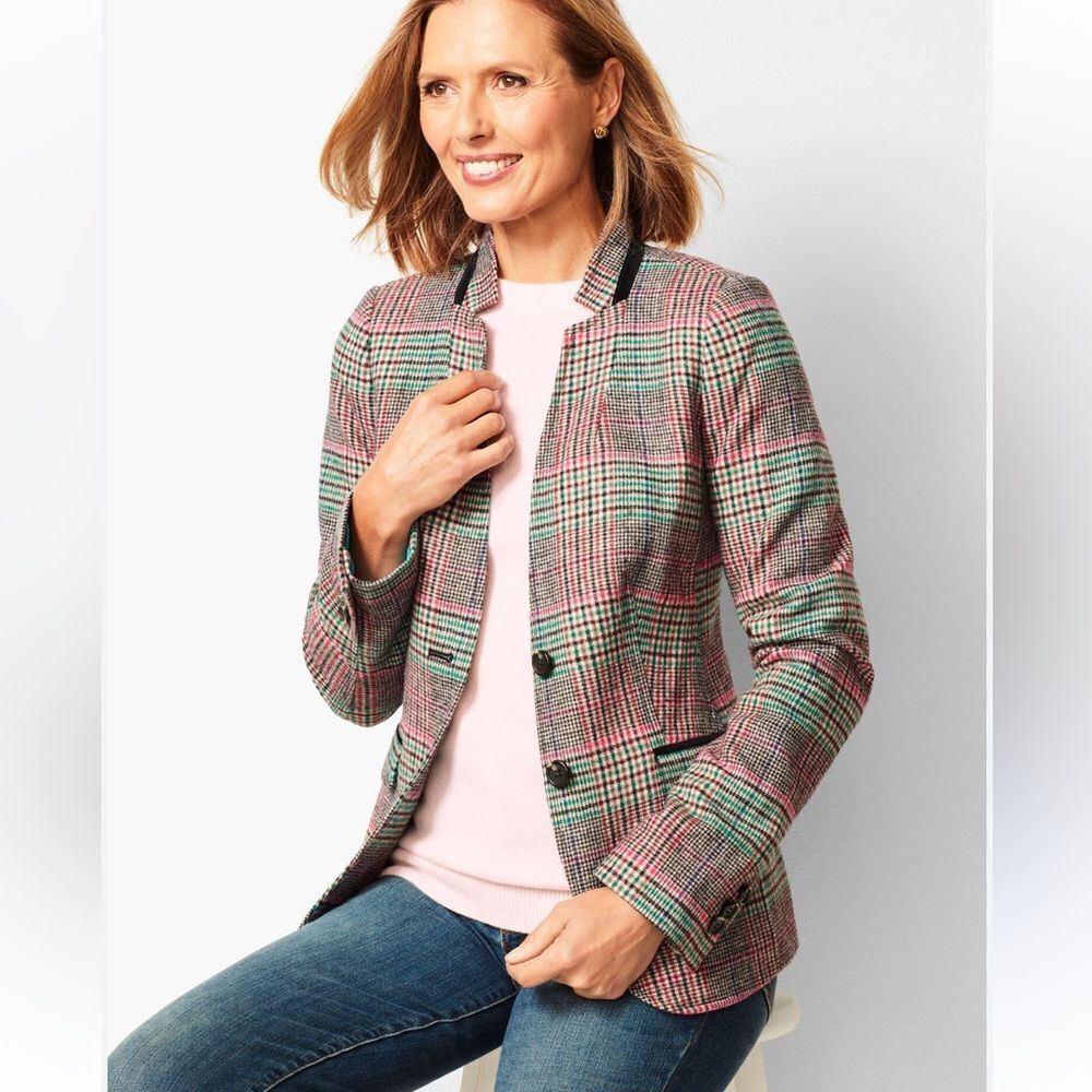 Talbots Shetland Aberdeen Tipped Plaid Wool Blend Blazer | Size 14